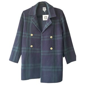 NWT Anne Klein Navy/Green Double Breasted Plaid Pea Coat Sweater Gold Buttons S